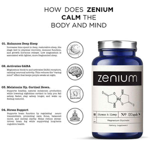 Zenium - Magnesium Glycinate for Sleep, Chelated, 600mg per Serving, 120 Capsules - High Absorption - Relieve Tension, Worry, Nervousness - Calm The Mind & Body - Ayurvedic - Natural Relief Supplement