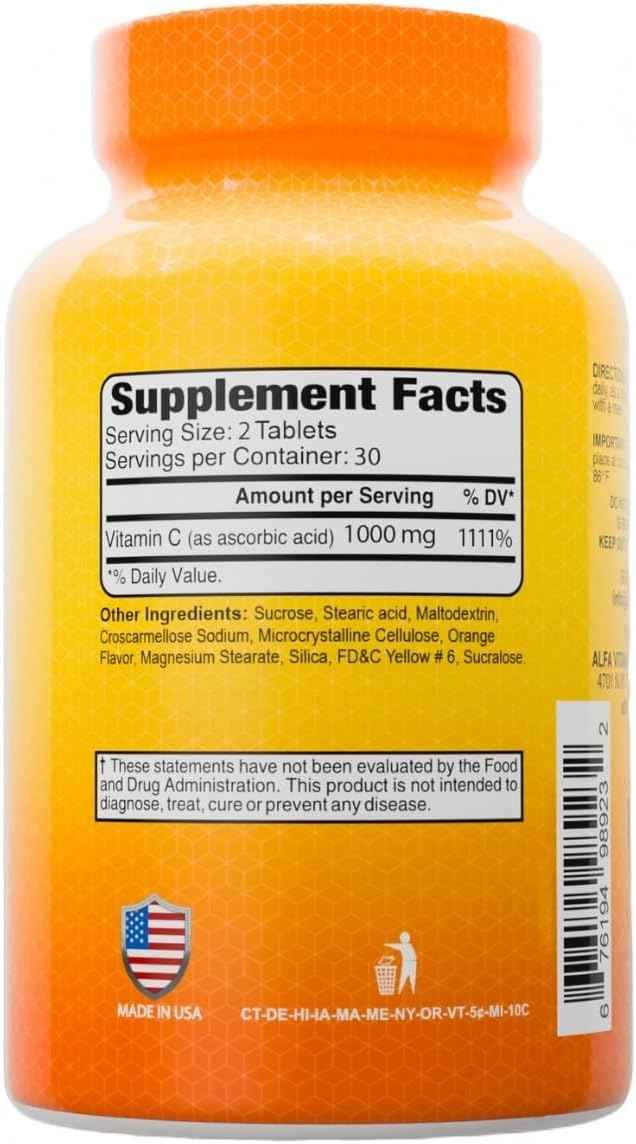ALFA VITAMINS Vitamin C Chewables Contains 1000mg - Easy to chew Tablets - Super Antioxidant - Immune Booster - 60 Tablets