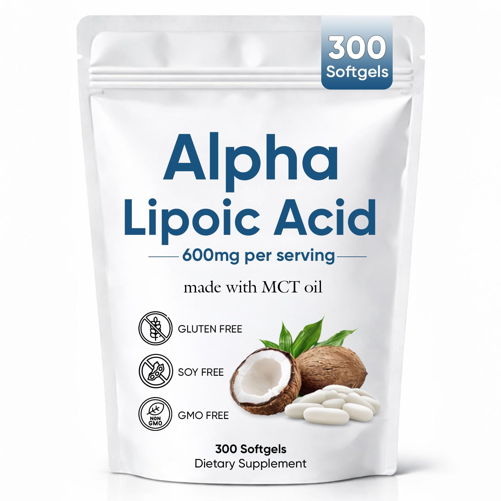 Aacnre Alpha Lipoic Acid 600mg with MCT Oil, Antioxidant Support for Nerve, Energy & Cellular Health, Non-GMO, Vegan, Gluten Free, 300 Softgels