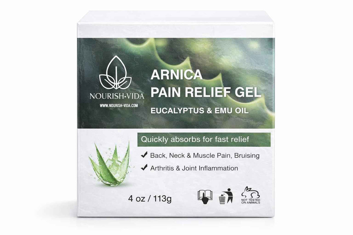 Nourish-Vida Arnica Pain Relief Gel - Muscle and Joint Support with Eucalyptus, Emu Oil and Aloe Vera for Back, Neck, Bruising, Arthritis, Inflammation, and Soreness - (4 oz)