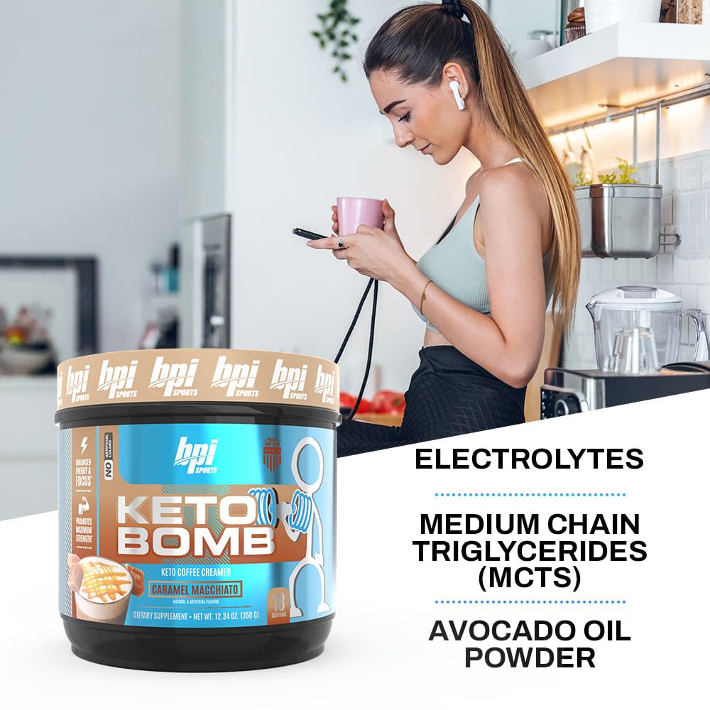 BPI Sports Keto Bomb Coffee Creamer - Supports Energy and Hydration - MCT and Electrolytes - with Calcium - Caramel Macchiato, 18 Servings