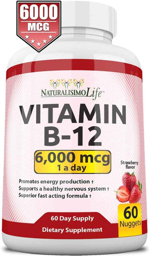 NaturalisimoLife Vitamin B12 6,000 mcg - Quick Dissolve Strawberry Flavor Nuggets - 60 Nuggets, Non-GMO, Vegan, Gluten Free