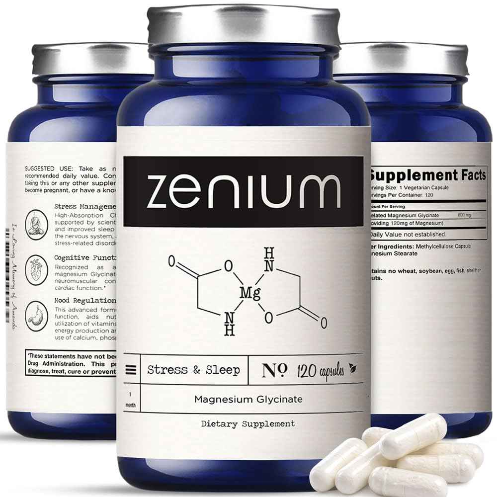 Zenium - Magnesium Glycinate for Sleep, Chelated, 600mg per Serving, 120 Capsules - High Absorption - Relieve Tension, Worry, Nervousness - Calm The Mind & Body - Ayurvedic - Natural Relief Supplement