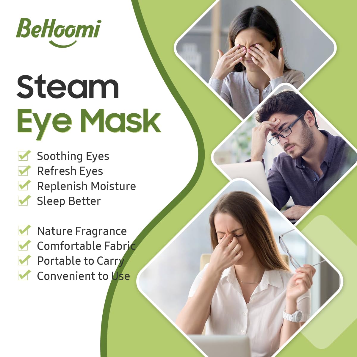 BeHoomi Self Heating Steam Eye Mask – Green Tea Scented Warm Compress Heated Eye Mask for Sleep, Spa & Relaxation (20 Pack)