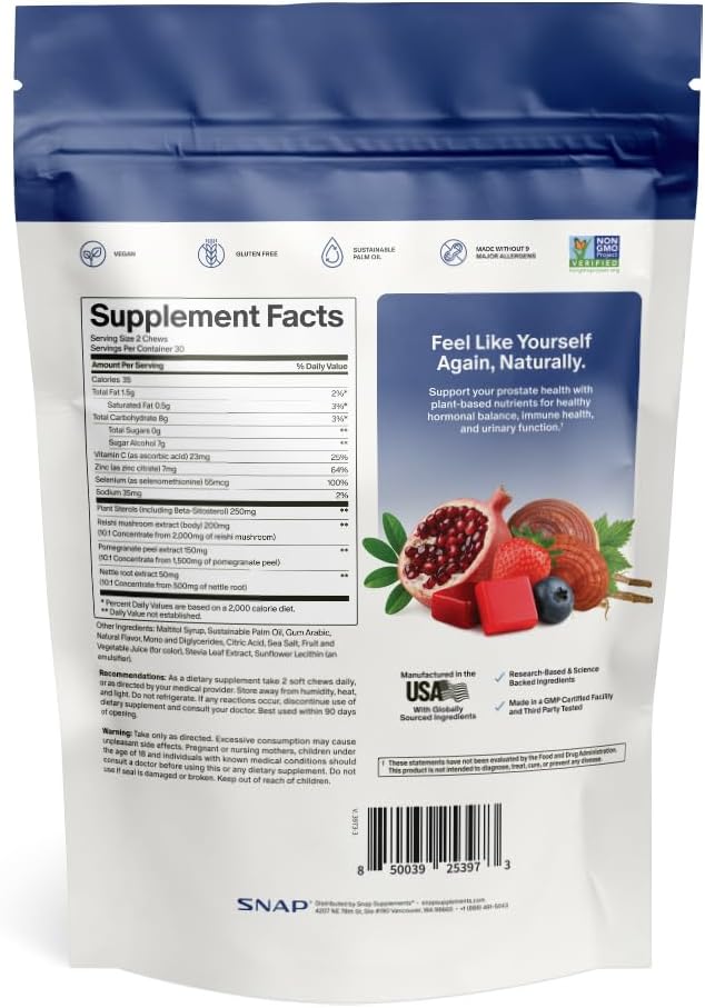 Snap Supplements Prostate Health Supplement for Men, 60 Sugar-Free Chews - Plant Sterols, Nettle Root & Reishi Mushroom - Supports Prostate and Urinary Wellness, Pomegranate-Berry Flavor, Vegan