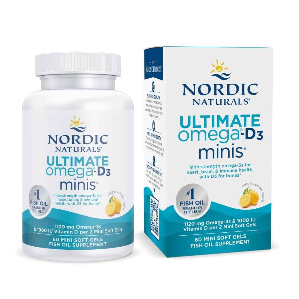 Nordic Naturals Ultimate Omega Mini D3, Lemon Flavor - 60 Mini Soft Gels - 1120 mg Omega-3 + 1000 IU Vitamin D3 - EPA & DHA - Promotes Brain & Heart Health - 30 Servings