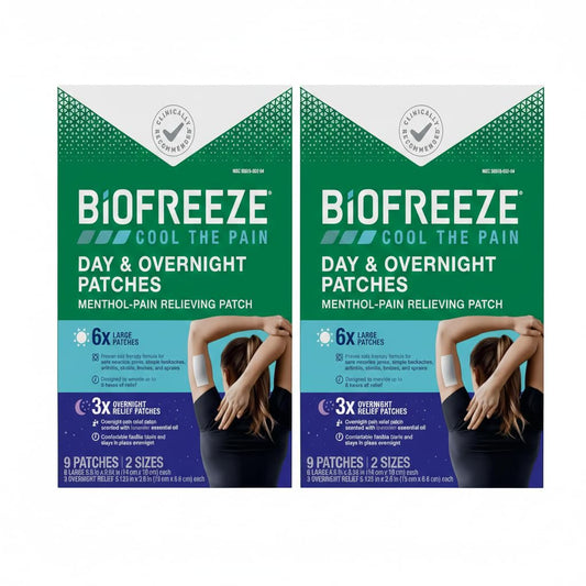 Biofreeze Day & Overnight Pain Relief Patches, Menthol Pain Patches for Arthritis & Muscle Pain Relief, Comfortable & Flexible Fabric Stays in Place, 9 Patches (6 Day, 3 Night) (Pack of 2)
