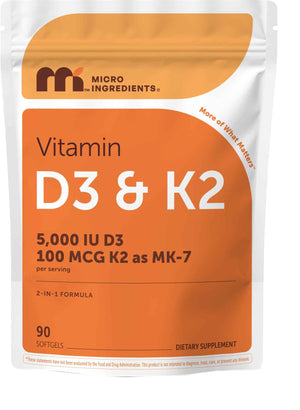 Micro Ingredients Vitamin D3 + K2 MK-7 5,000 IU Per Serving, 300 Softgels - K2 100 mcg Per Serving, D3 & K2 Vitamin Supplement for Women & Men. Easy-to-Swallow, Non-GMO, Gluten Free.