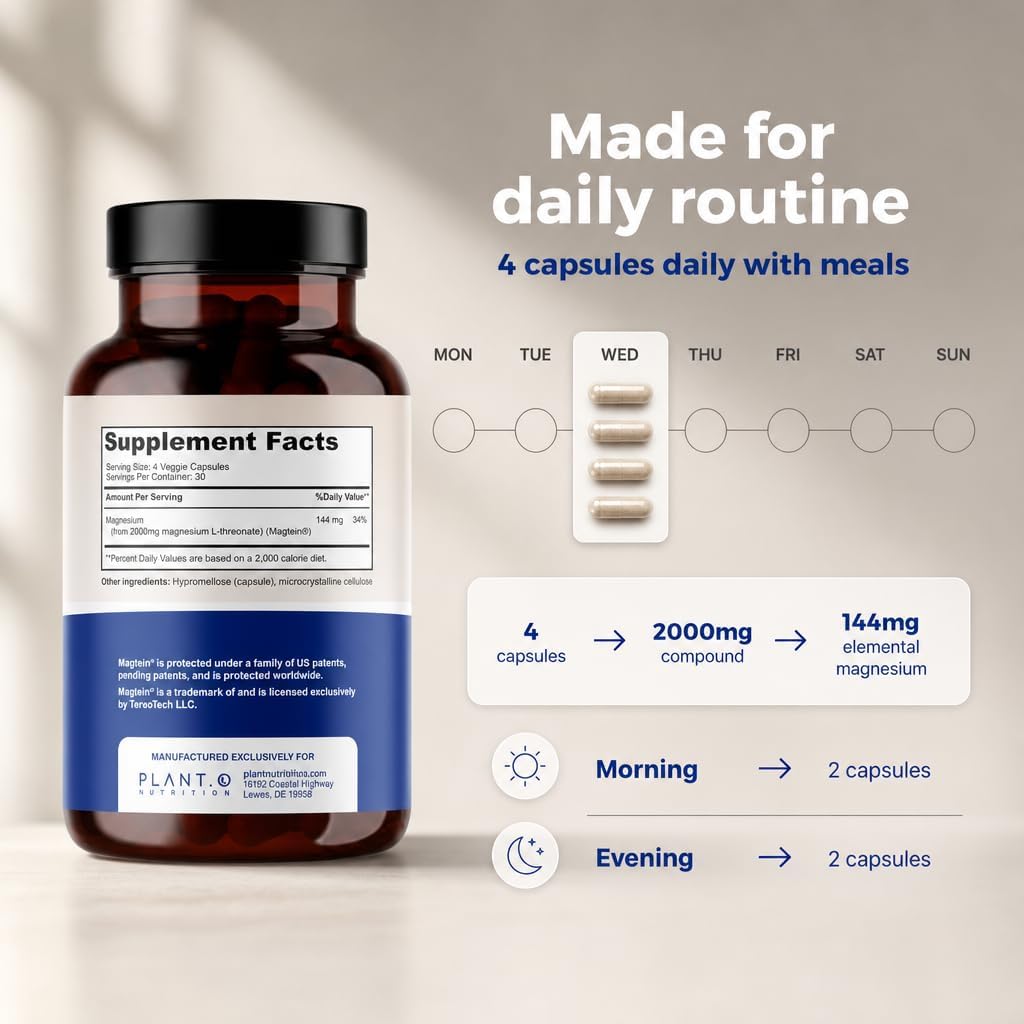 Magnesium L-Threonate Capsules - Brain & Sleep Support - 144mg Elemental Magnesium per Serving - High Absorption Cognitive & Memory Support - 120 Capsules