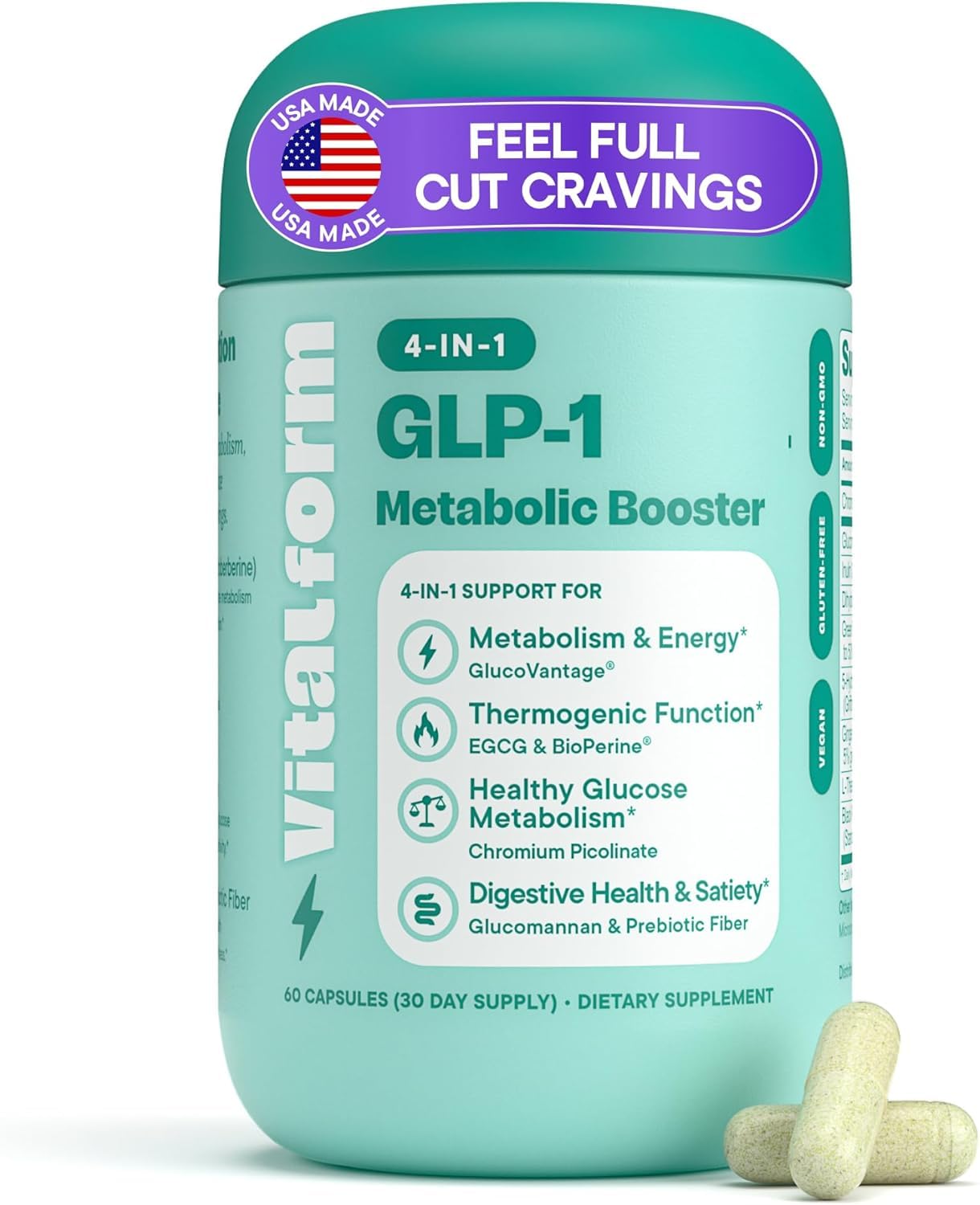 GLP-1 Metabolic Support Supplement – 4-in-1 Formula for Appetite Control, Cravings, Digestion, Energy & Weight Management – With GlucoVantage®, Berberine, Inulin & EGCG – Vegan Capsules