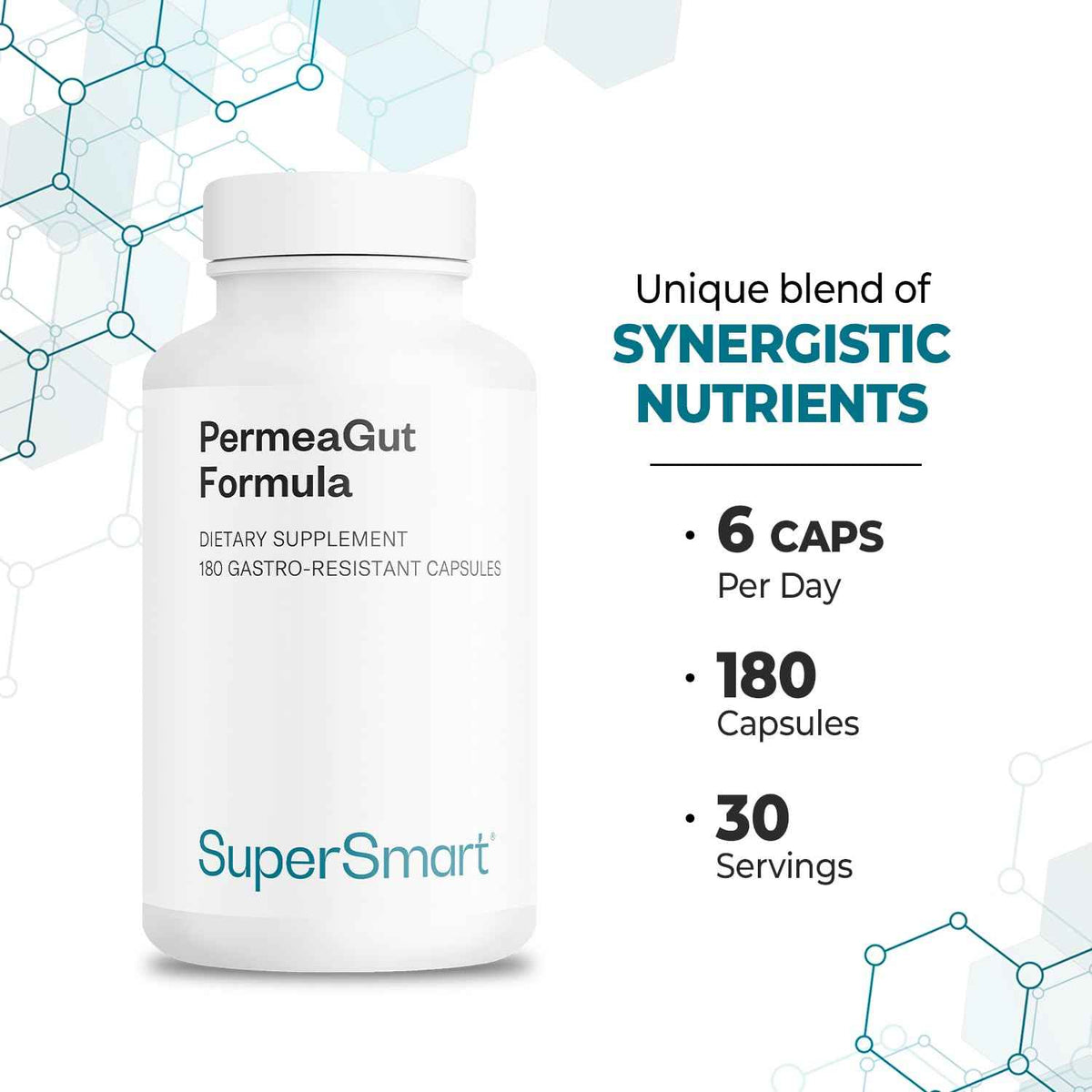 Supersmart PermeaGut Formula (High Potency) - with L-Glutamine, ButiShield Calcium Butyrate, Zinc-L-Carnosine - Gut Barrier Support - Vegan & Gluten Free - 180 Gastro-Resistant Capsules