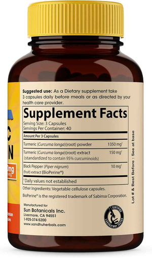 Organic Turmeric Curcumin 120 Capsules with Bioperine Black Pepper Extract Supplement - 1500mg with 95% Curcuminoids - Immune Support