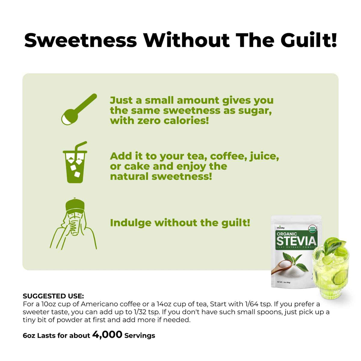 Viccoky Organic Stevia Powder 6oz (171g), Pure Stevia Extract Powder, Sugar-Free & 0 Calories, No Additives