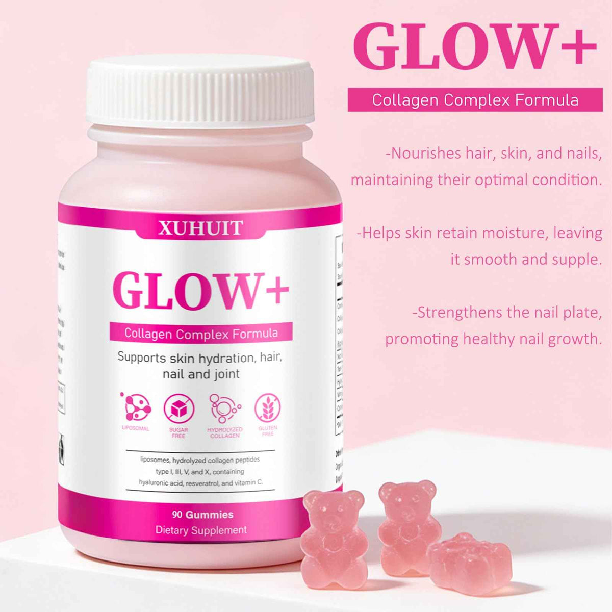 PBZPBZ Glow Collagen Gummies with Hyaluronic Acid & Resveratrol - Gentle Support for Skin, Hair & Nail Care - Non-GMO - 90 Count (1)