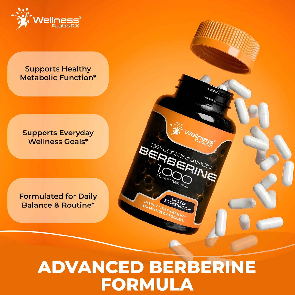 WELLNESS LABSRX Berberine 1,000mg - Third-Party Tested Berberine Supplement HCL with Ceylon Cinnamon, Black Pepper Extract and Apple Cider Vinegar, Heart Support Capsules - 240 Capsules - Pack of 2