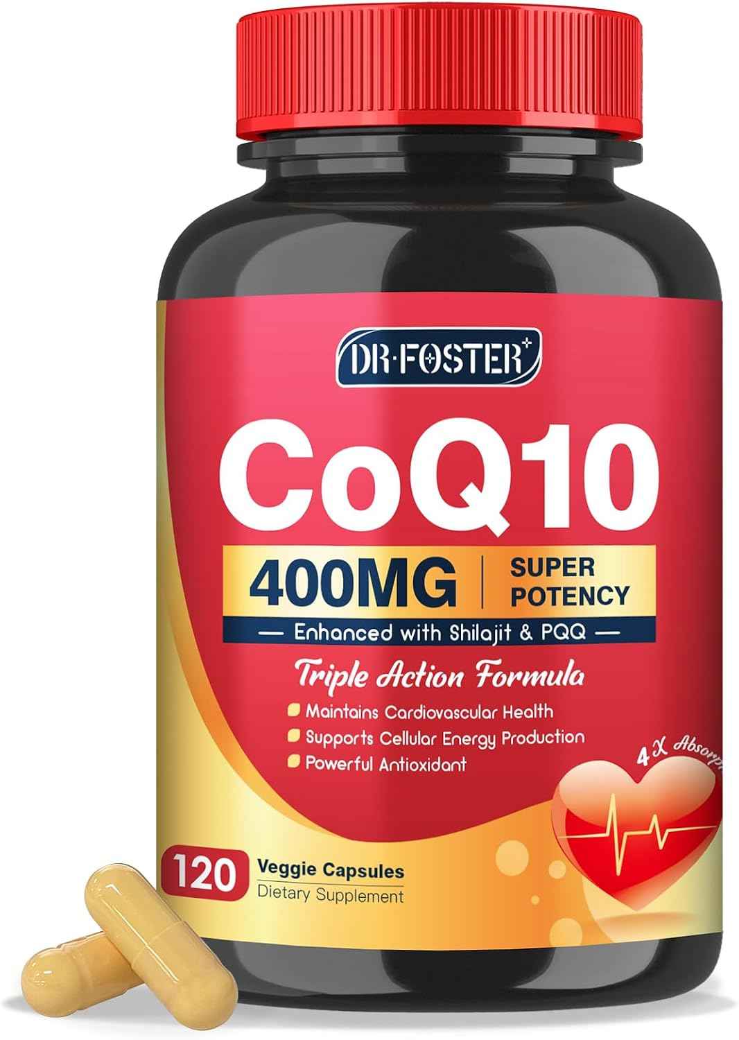 DRFOSTER CoQ10 400mg-High Absorption Coenzyme Q10 Supplements with PQQ, Shilajit & Vitamin E, Powerful Antioxidant for Heart & Brain Health and Energy-Production 120 Veggie Capsules