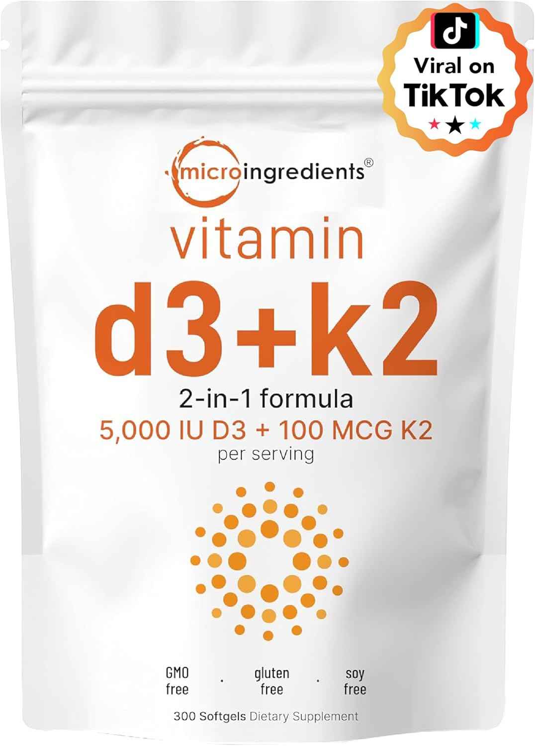 Micro Ingredients Vitamin D3 + K2 MK-7 5,000 IU Per Serving, 300 Softgels - K2 100 mcg Per Serving, D3 & K2 Vitamin Supplement for Women & Men. Easy-to-Swallow, Non-GMO, Gluten Free.