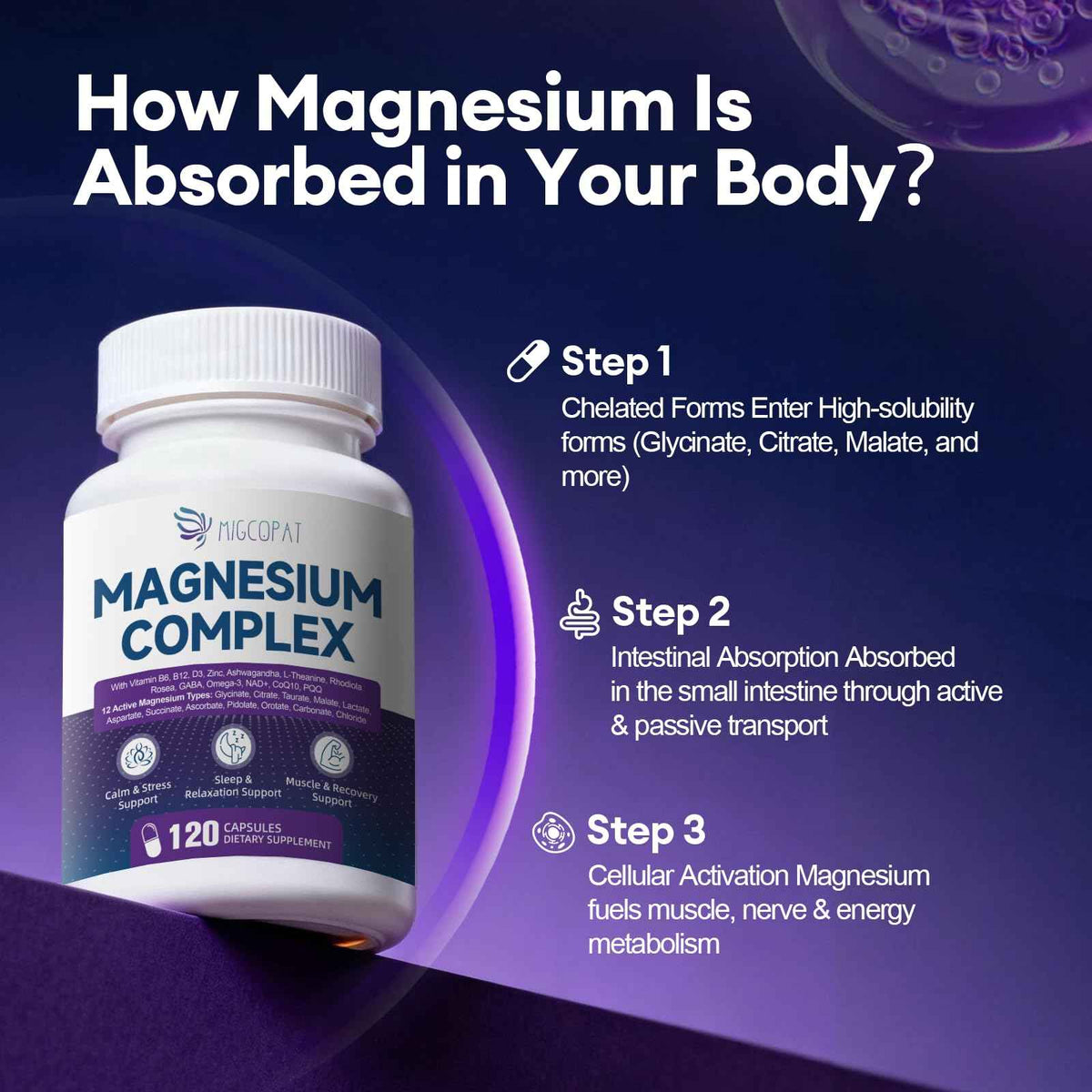 Migcopat Magnesium Complex w/Magnesium Glycinate, Malate, Citrate - 24-in-1 Magnesium Supplement w/Ashwagandha, L-Theanine & NAD+ - Supports Calm, Energy, Muscle & Sleep - Non-GMO, 120 Vegan Caps