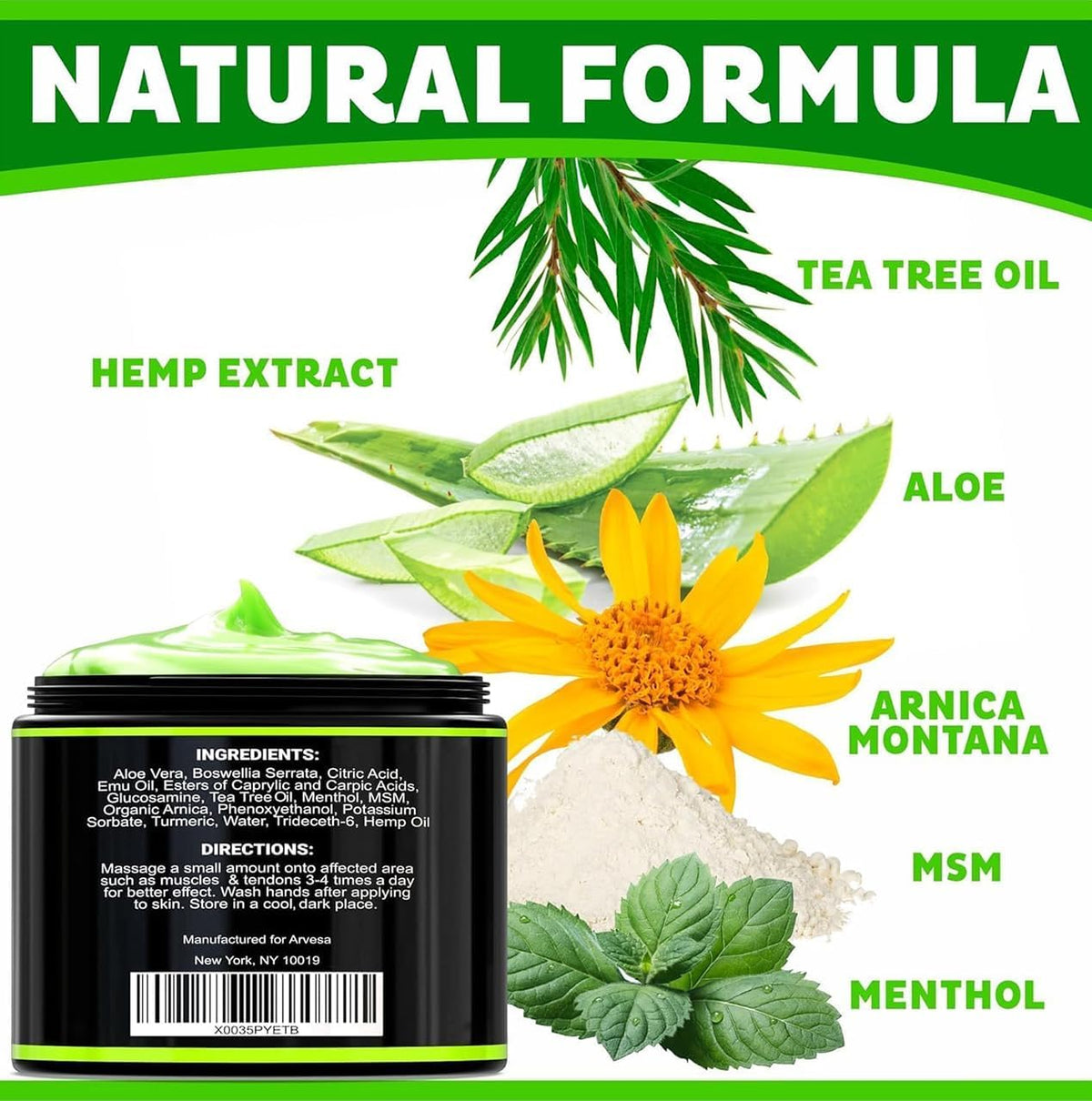 Natural Hemp Cream - Maximum Strength Gel - Hemp Cream with Arnica, MSM, Glucosamine, Menthol, Aloe, Turmeric, Boswellia - Fast Absorption, Non-Greasy, Lightweight - Advanced Formula - 4 oz