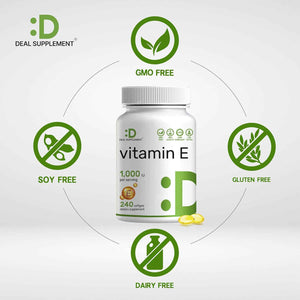 Vitamin E Supplements, 1,000 IU Per Serving, 240 Softgels - Extra Strength Antioxidant Protection - Bioavailable Stable Form - Skin, Heart, Brain, & Immune Support - Non-GMO