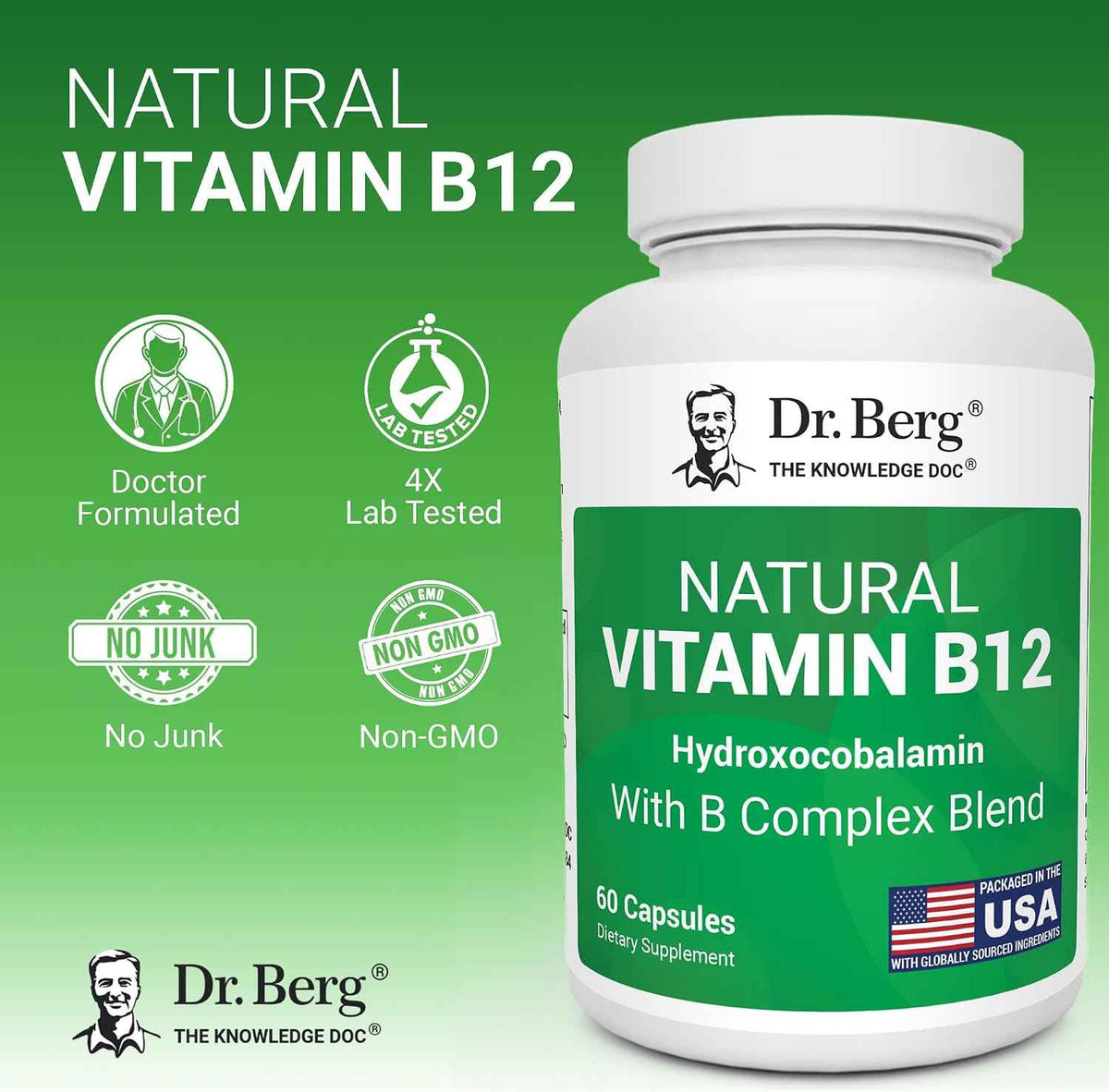 Dr. Berg Natural Vitamin B12 1000 mcg (Hydroxocobalamin) 60 Capsules - Energy, Brain & Nervous System Support* - w/B-Complex + Magnesium - 4X Lab Tested, GMO-Free, No Fillers