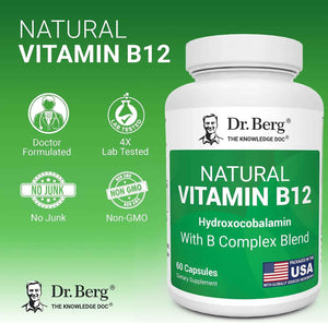 Dr. Berg Natural Vitamin B12 1000 mcg (Hydroxocobalamin) 60 Capsules - Energy, Brain & Nervous System Support* - w/B-Complex + Magnesium - 4X Lab Tested, GMO-Free, No Fillers