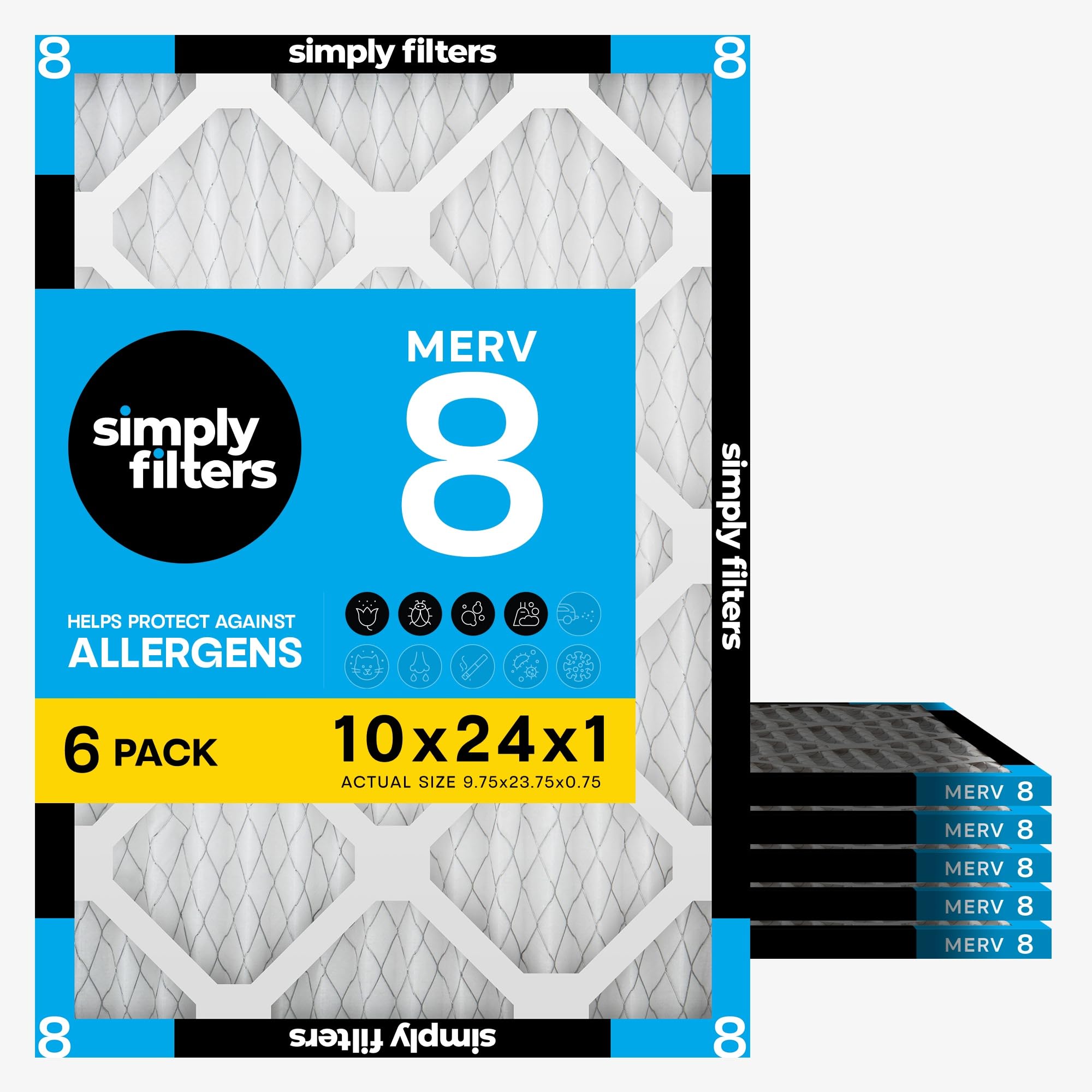 Simply 10x24x1 Air Filter, Merv 8, 6 Pack, For Home AC Furnace & HVAC (Actual Size: 9.75"x23.75"x0.75") DUST, Pet, & Allergy Control