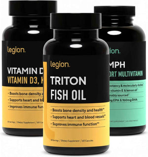 LEGION Complete Health Bundle - Triumph Multivitamin for Men + Triton Triple Strength Fish Oil + Vitamin D3 K2 Supplement - Daily Wellness Stack for Energy, Heart, Bone & Immune Support