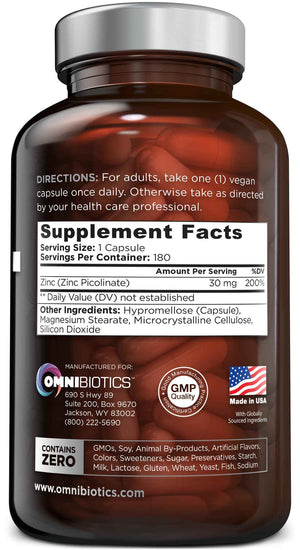 OmniBiotics Zinc Picolinate 30mg Supplement - High Absorption Zinc for Immune System, Healthy Skin, and Energy Support - 180 Vegan Capsules