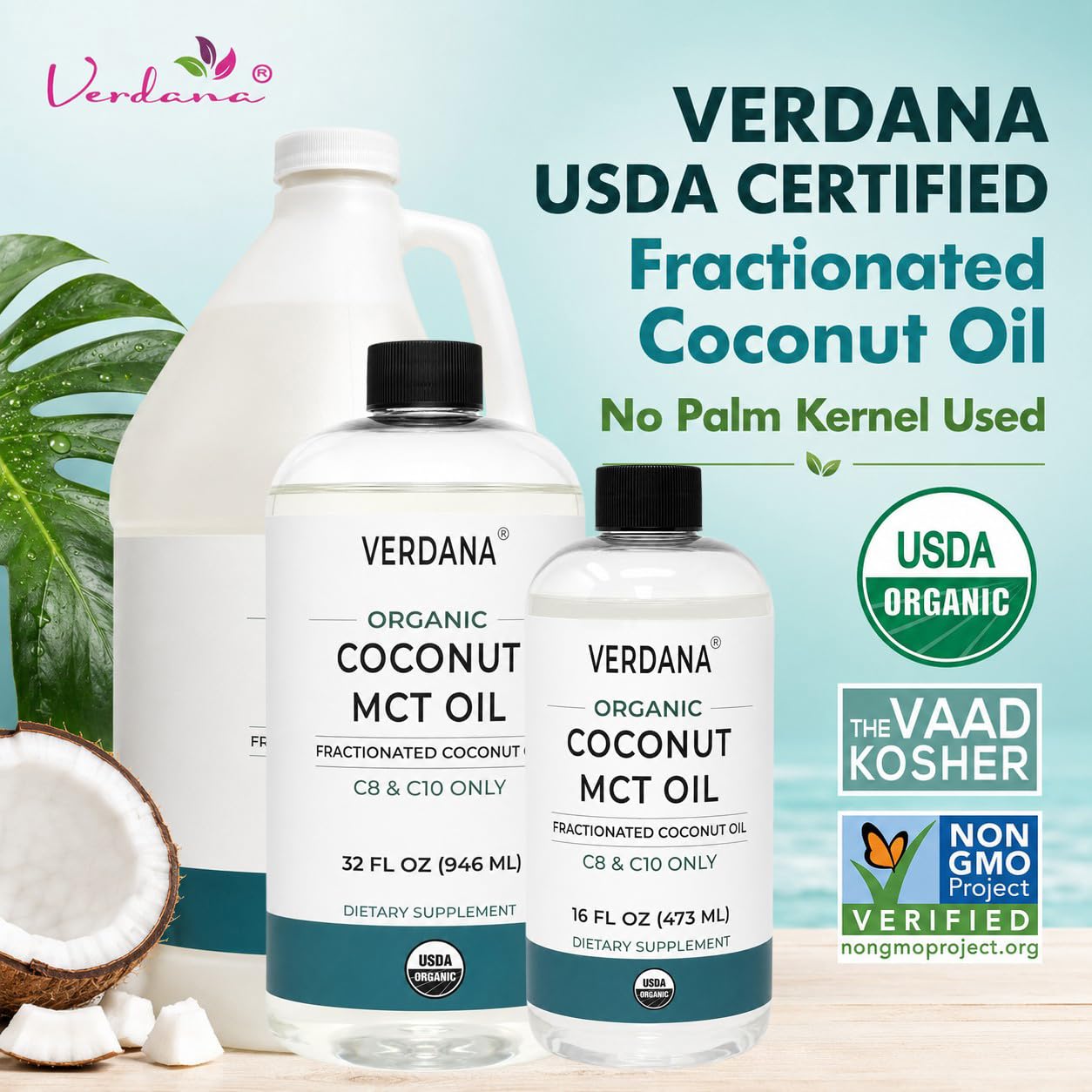 Verdana USDA Certified Organic Coconut MCT Oil –Fractionated Coconut Oil – No Palm Kernel Used – Kosher, Food Grade, Non-GMO – Great for Keto and Paleo Diets – 32 Fl Oz