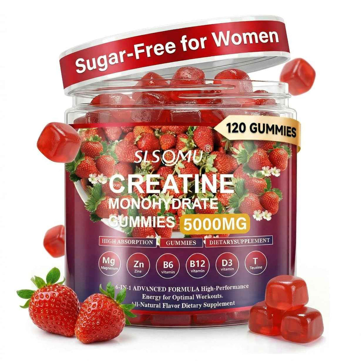 Slsomu Creatine Gummies for Women, 5000mg Pre-Workout Muscle Strength & Energy Support, 0 Sugar Creatine Gummy with L-Taurine, Zinc