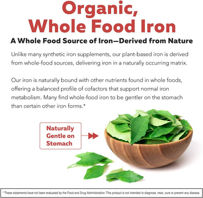 Organic Iron Supplement - Whole Food Mineral & Cofactors, 25 mg Elemental - Enhanced Absorption Plus Blood Health Vitamins - Gentle Form - Supports Healthy Levels & Blood Health - 90 Capsules