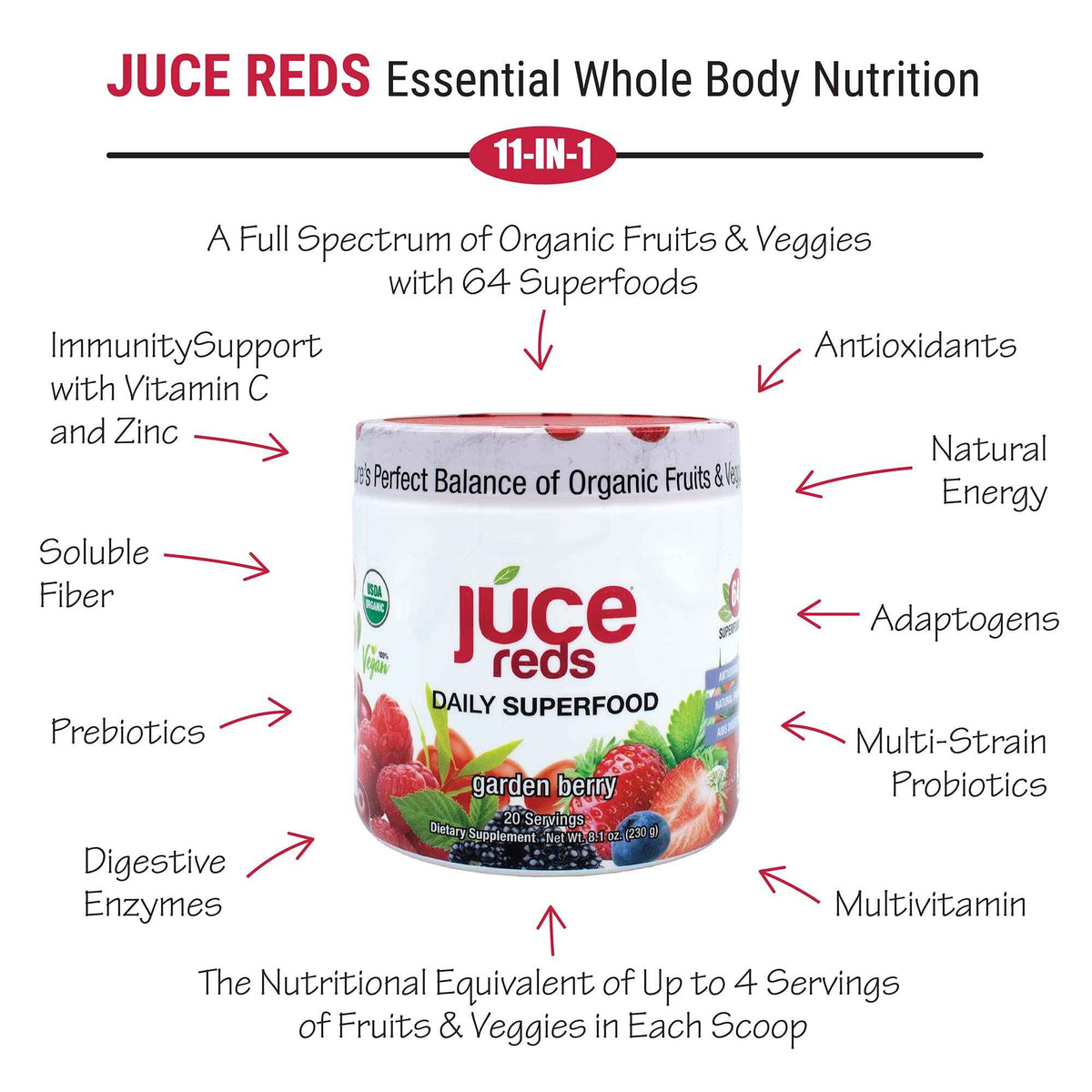 Terra Kai Organics JUCE Reds Organic Superfood Powder - Garden Berry Flavor - Fruit & Veggie Powder for Everyone w/64 Immune Boosting Superfood Plus Probiotics for Gut Health - 20 Servings (230g)