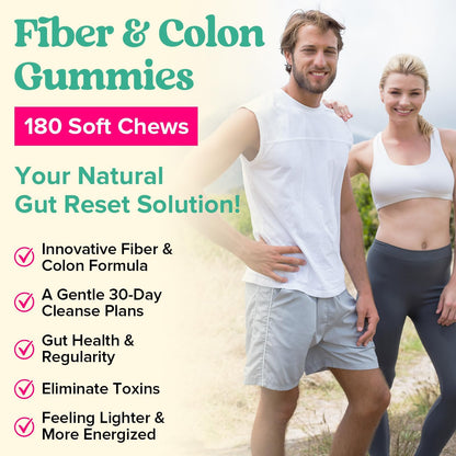 Yusnkioin Fiber Gummies & Colon Gentle Cleanse - 180 Soft Chews Fiber Gummies for Adults, 50 B Probiotics, Psyllium Husk & Senna - Colon Detox Cleanse for Gut Health, Regularity & Bloating Relief