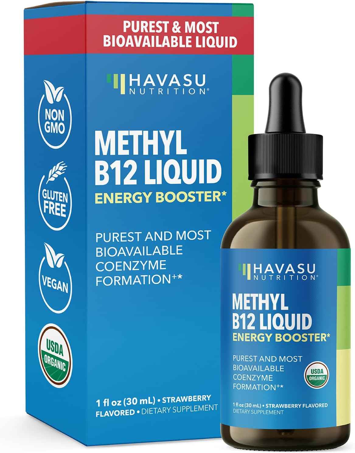 Organic Vitamin B12 Liquid Drops, Strawberry, Enhanced Energy, 1 Fl Oz - USDA Organic Vitamin B12 Liquid Drops, Highly Bioavailable Methylcobalamin for Nervous System Support, 30 Servings, Non-GMO