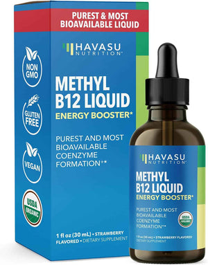 Organic Vitamin B12 Liquid Drops, Strawberry, Enhanced Energy, 1 Fl Oz - USDA Organic Vitamin B12 Liquid Drops, Highly Bioavailable Methylcobalamin for Nervous System Support, 30 Servings, Non-GMO