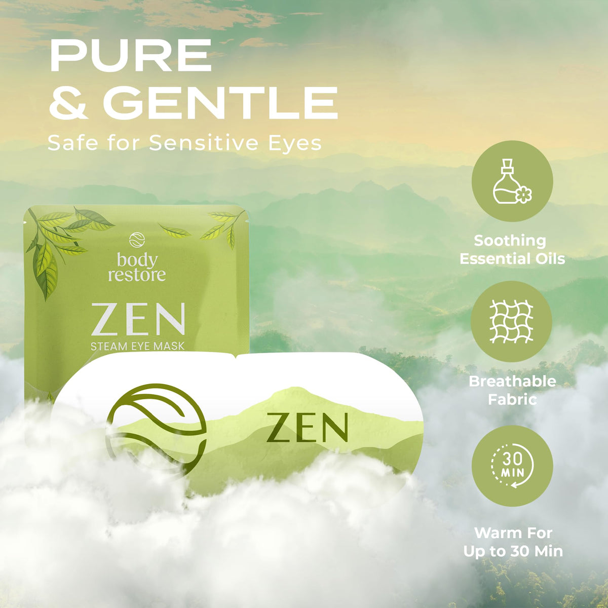 Body Restore Green Tea Self-Heating Warm Compress for Dry Eyes & Puffiness - Relaxing Heated Eye Mask (5 Pack)