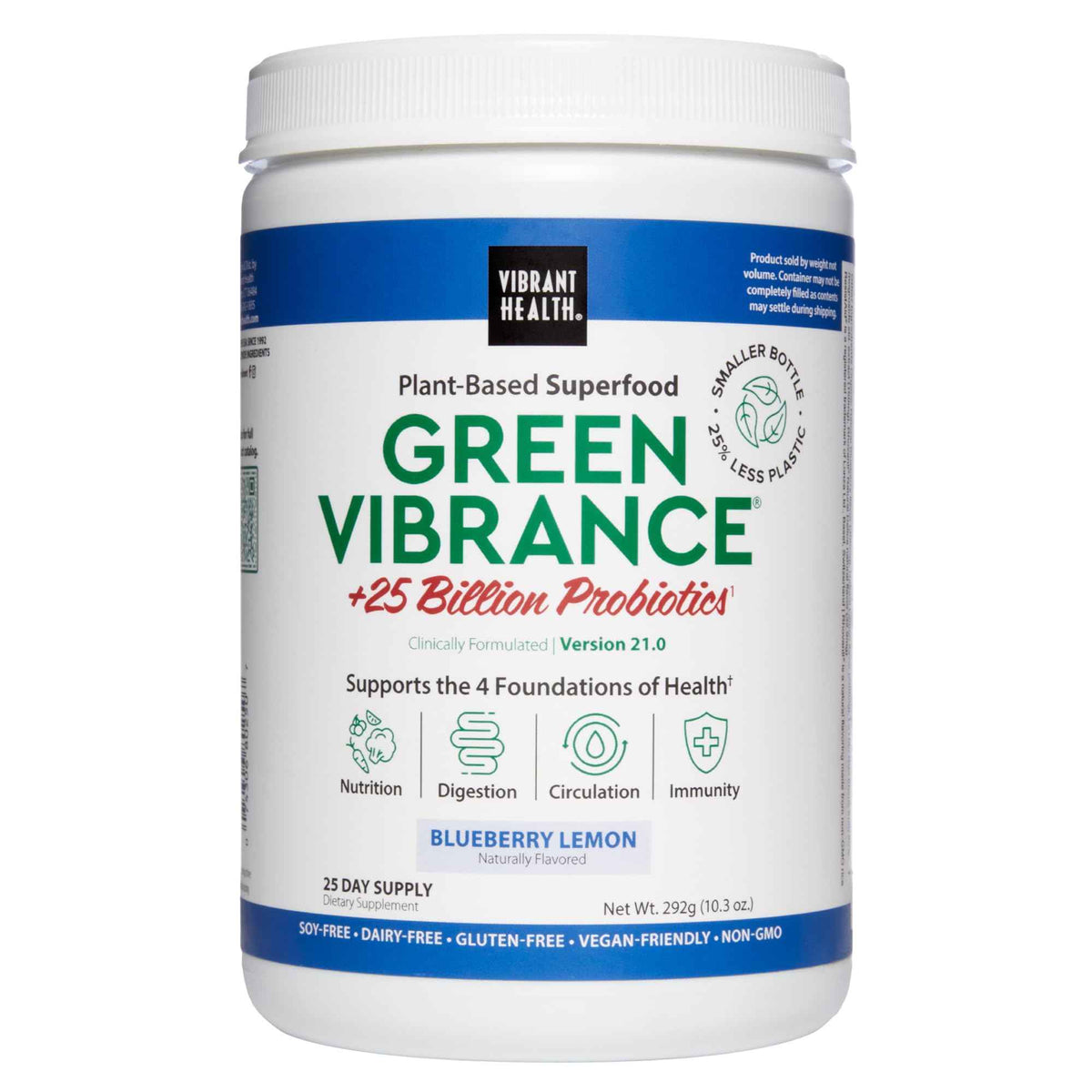 Vibrant Health, Green Vibrance, Superfoods Powder with 70+ Plant-Based Whole Foods & 25 Billion Probiotics Per Serving, Blueberry Lemon, 25 Servings