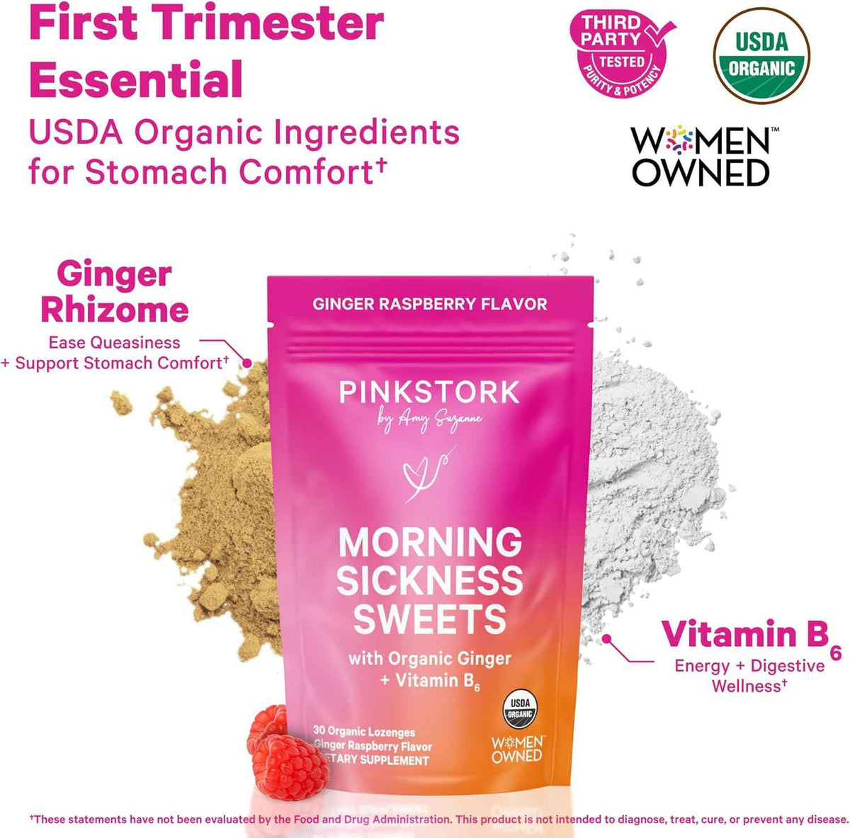 Pink Stork Morning Sickness Support Kit - 3-Piece Bundle with Organic Ginger Peach Tea, B6 Sweets, Ginger Lozenges - Pregnancy Support, First Trimester Essentials, Gift for Pregnant Women