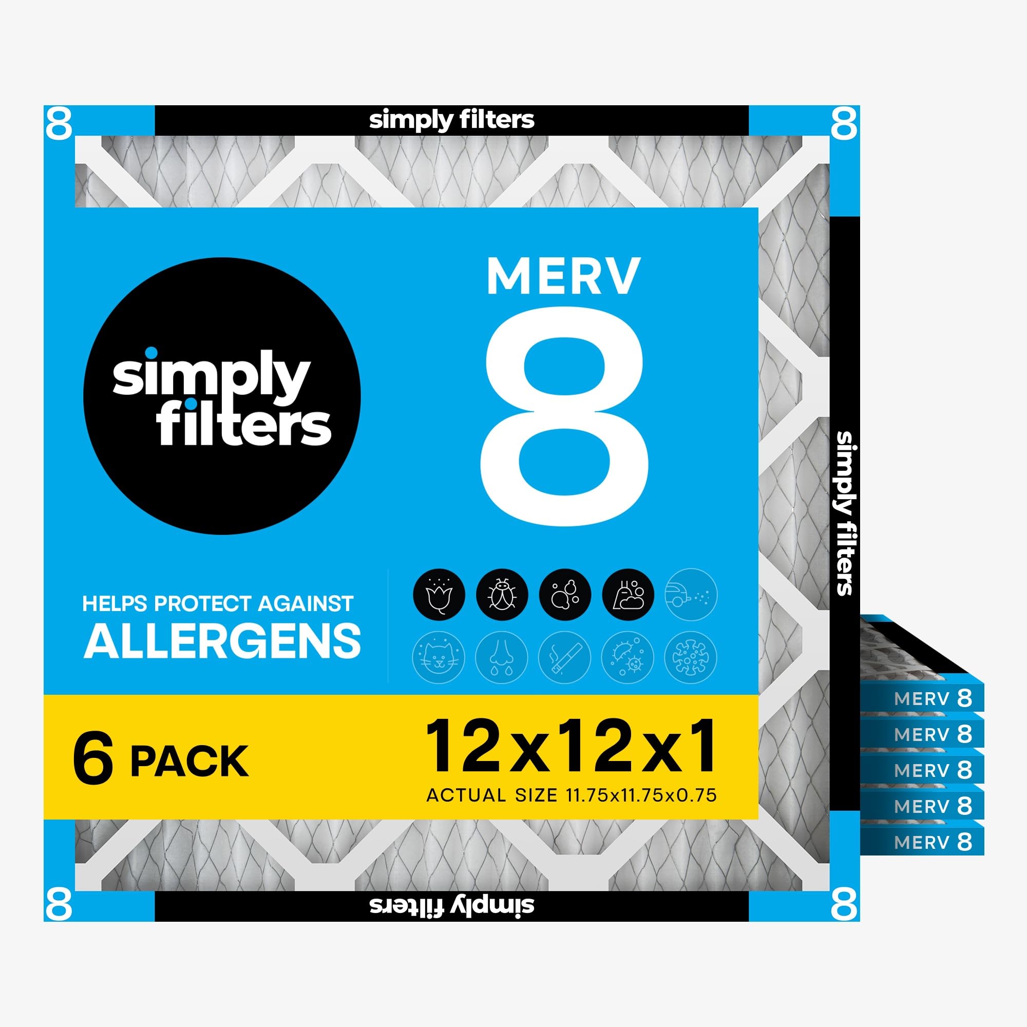 Simply 12x12x1 Air Filter, MERV 8, 6 Pack, Furnace Air Filter for HVAC (Actual Size: 11.75"x11.75"x0.75") DUST, Pet, & Allergy Control