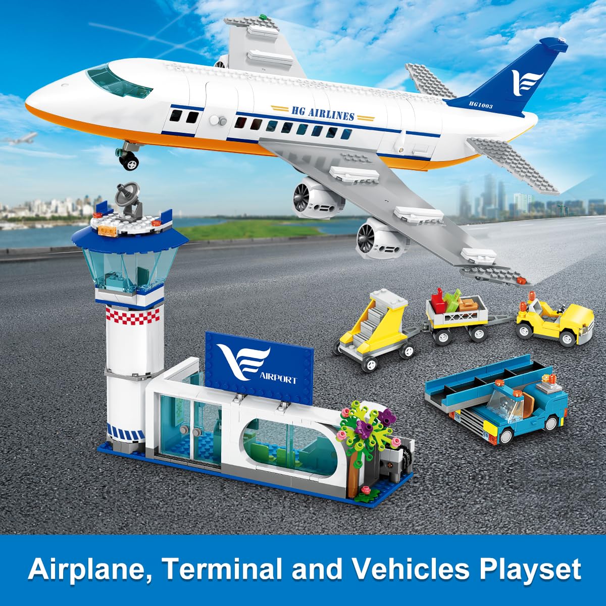 HOGOKIDS City Airport Airplane Building Set with LED Light, 901 PCS