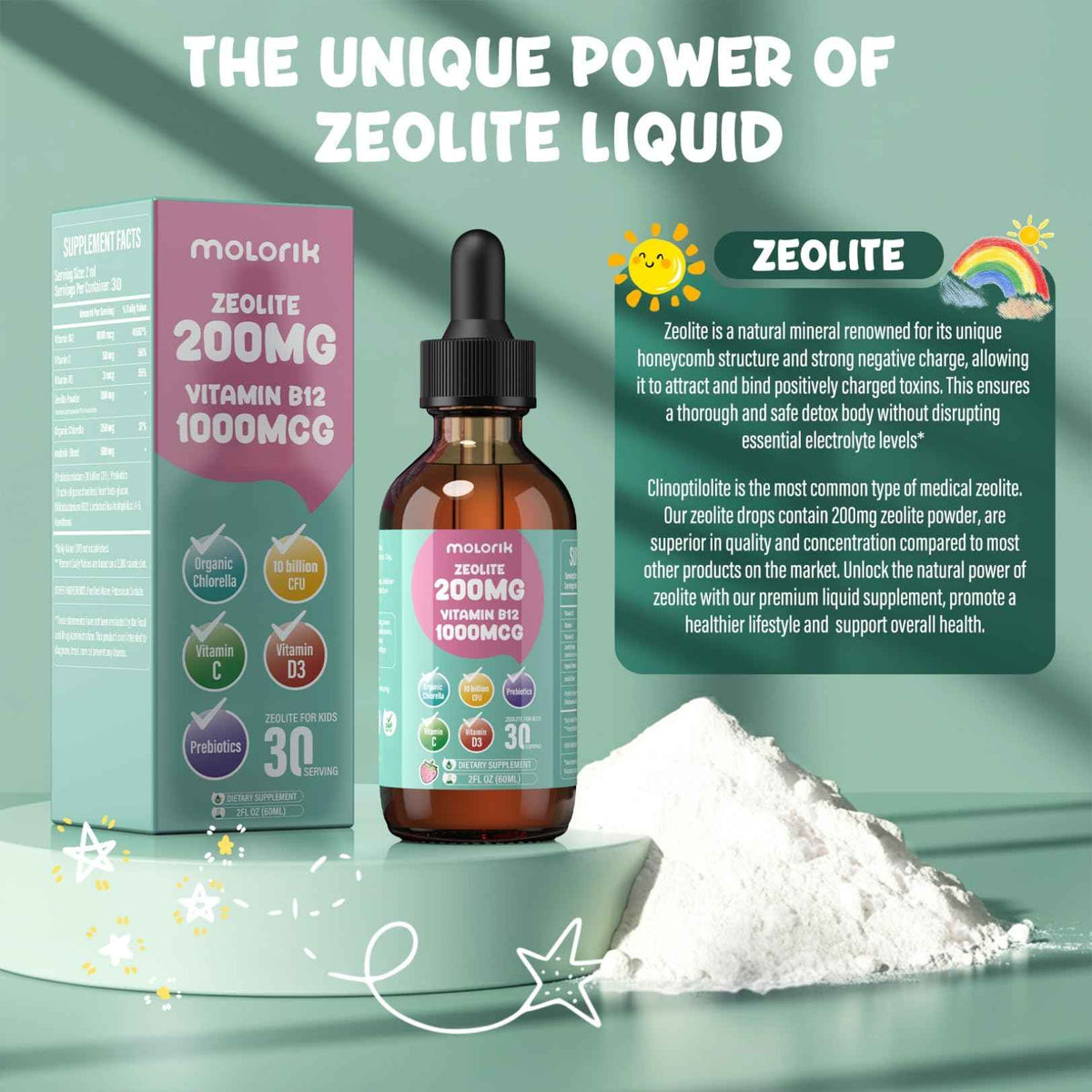 Zeolite Detox for Kids and Adults, 200mg Zeolite Liquid Drops with 1000mcg Vitamin B12, Organic Chlorella, 10 billion CFU & Prebiotics for Gut Support & Speech, Immune, Bone, Energy*, Strawberry, 60ML