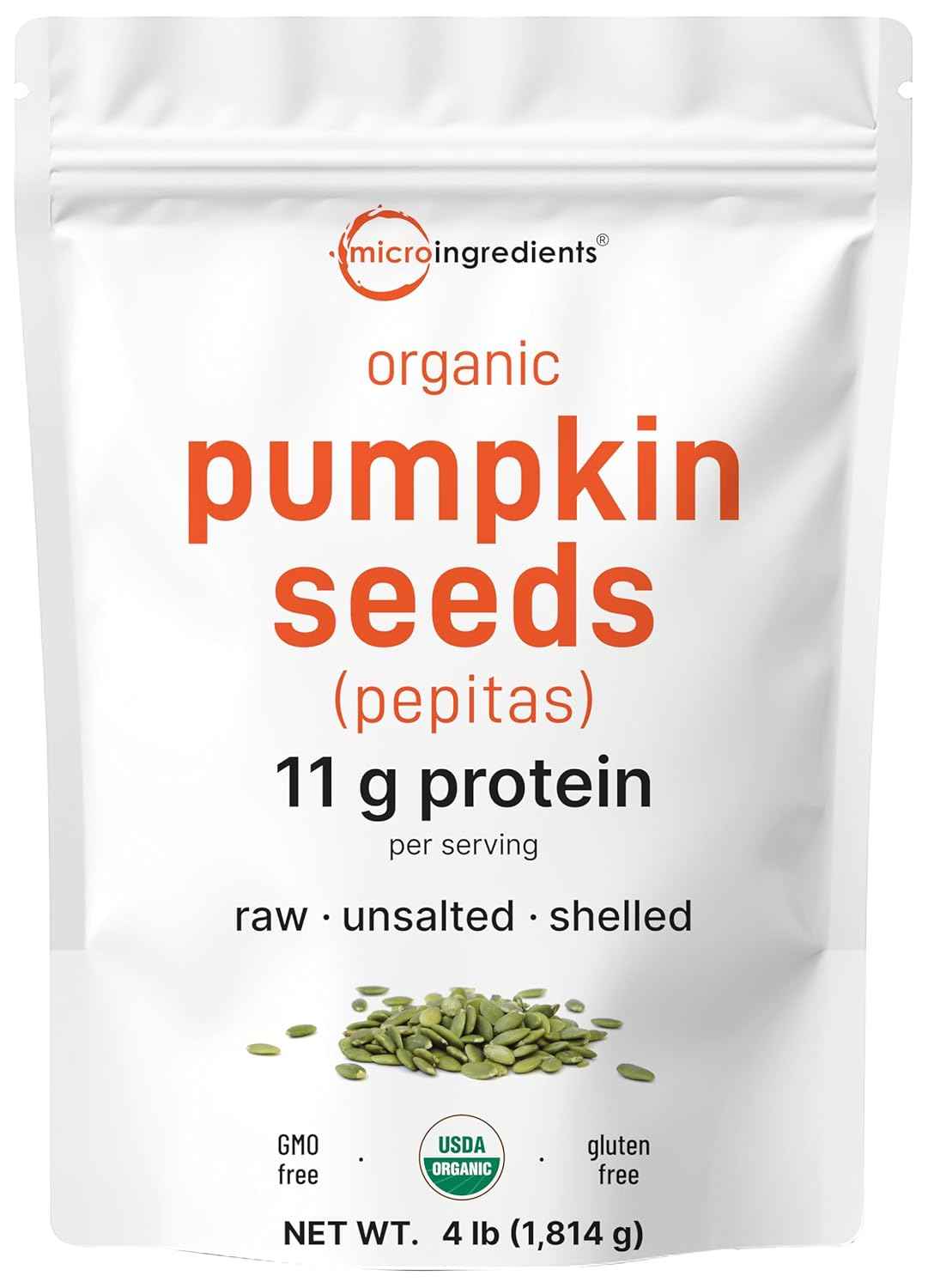 Organic Pumpkin Seeds, 4lbs - Raw, Unsalted, & Shelled - Whole Pepitas - Pumpkin Seeds to Eat - Great for Baking, Smoothies, & Salad Toppings - Natural Source of Essential Fatty Acids, Protein, & Iron