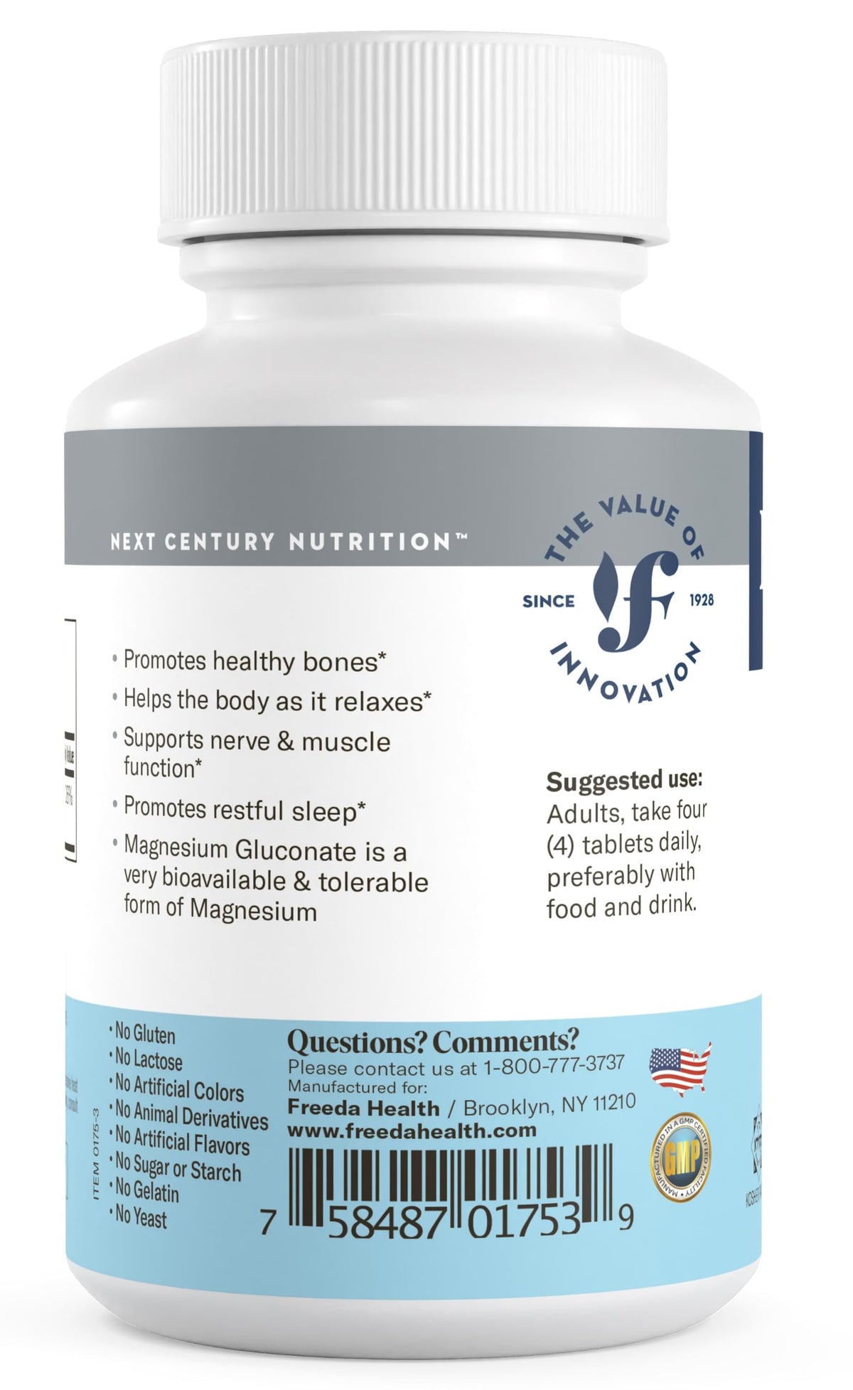 Freeda Magnesium Gluconate Vegan Supplement - 100 Tablets - Gentle and Highly Absorbable Magnesium Gluconate Supplement - Supporting Bone, Nerve & Muscle Function