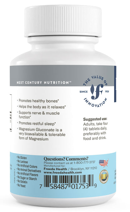 Freeda Magnesium Gluconate Vegan Supplement - 100 Tablets - Gentle and Highly Absorbable Magnesium Gluconate Supplement - Supporting Bone, Nerve & Muscle Function