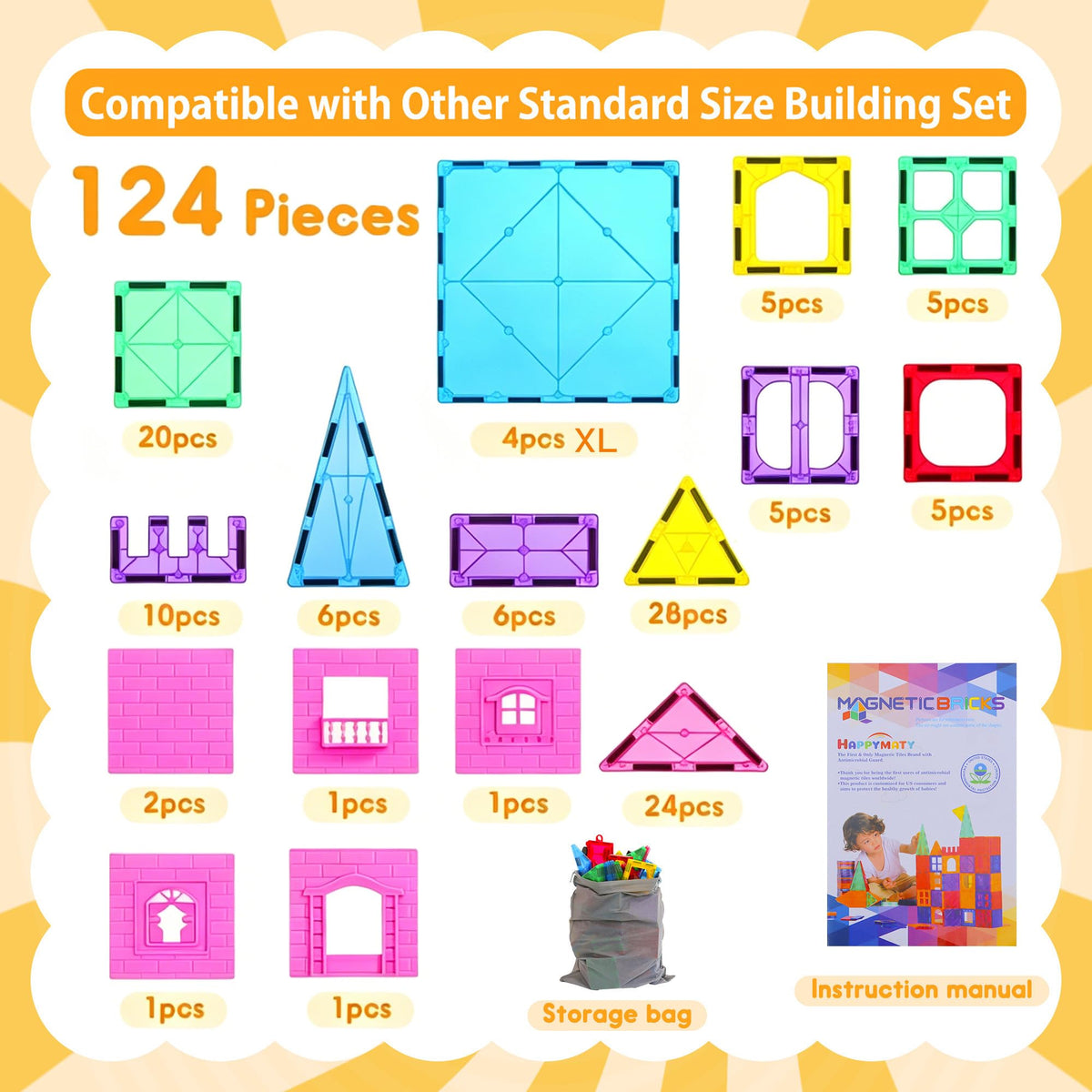 HAPPYMATY Next-Gen Antibacterial Magnetic Tiles, 124PCS Building Blocks Set