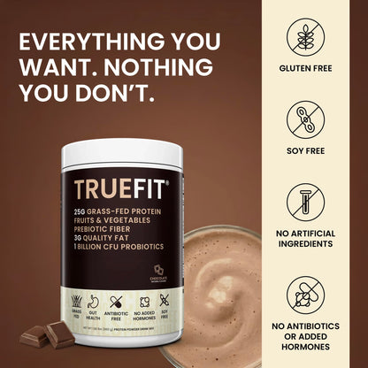 TrueFit Grass-Fed Whey Protein Powder + Fiber & Probiotics, Vanilla Shake - 25g Gut Healthy Protein with Fiber, Probiotics & Non-GMO Superfoods for Complete Meal Replacement Shake with Nothing Fake