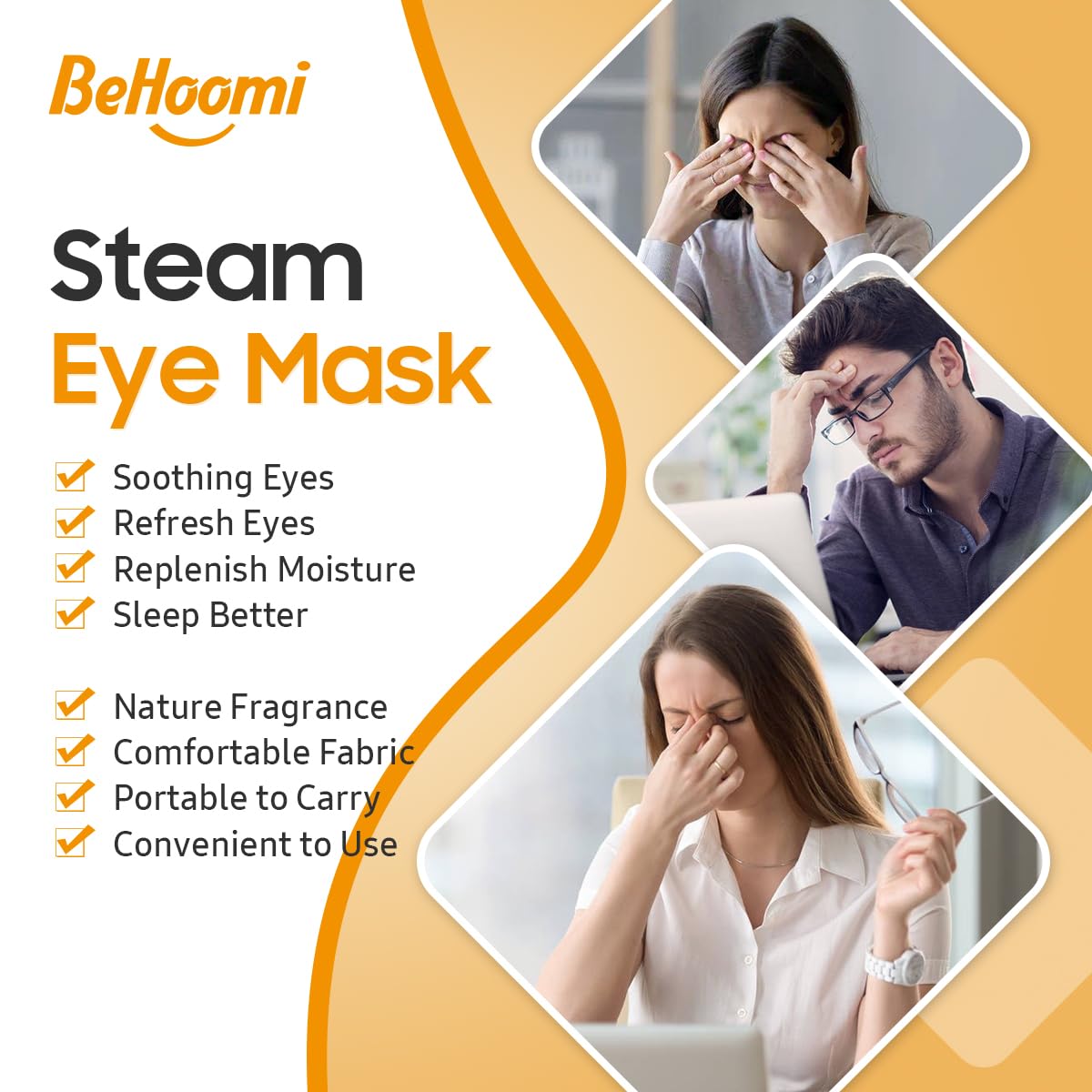 BeHoomi Self Heating Steam Eye Mask – Orange Scented Warm Compress Heated Eye Mask for Sleep, Spa & Relaxation (20 Pack)