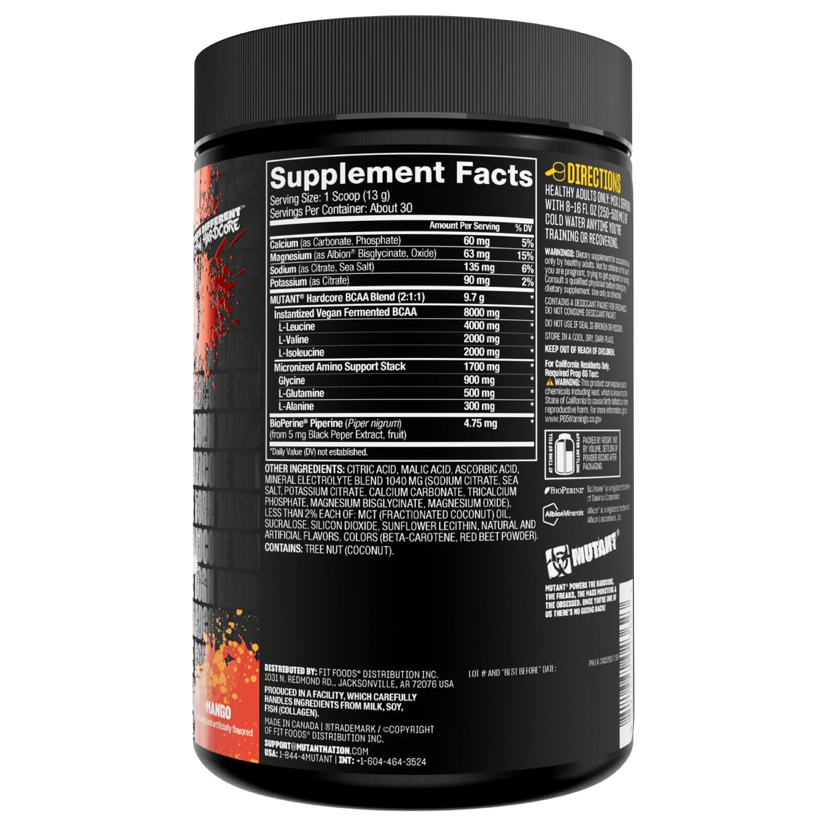 Mutant Hardcore BCAA - Pre, Intra or Post Workout - BCAA Next Level branched-Chain Amino Acids Supplement - Hydration + Recovery - 30 Serving - Blue Raspberry