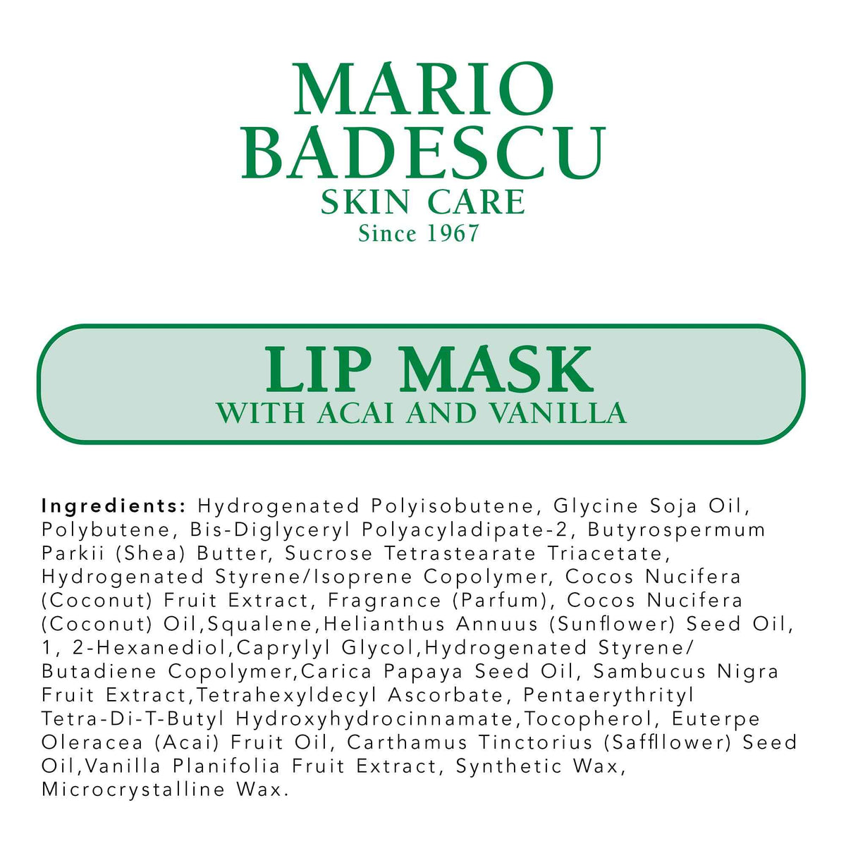 Mario Badescu Lip Mask with Acai and Vanilla for All Skin Types, Overnight Lip Treatment Enriched With Skin Softening Coconut Oil and Hydrating Shea Butter, 0.5 Ounces